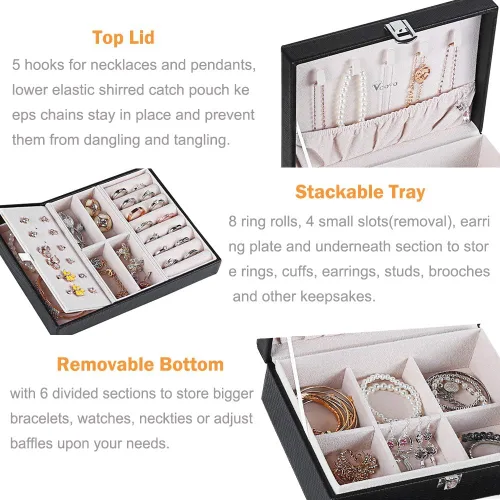 Vista 2 de Voova - Joyero organizador para mujeres y niñas 2 capas de almacenamiento de joyas grandes para hombres soporte para joyas de piel sintética