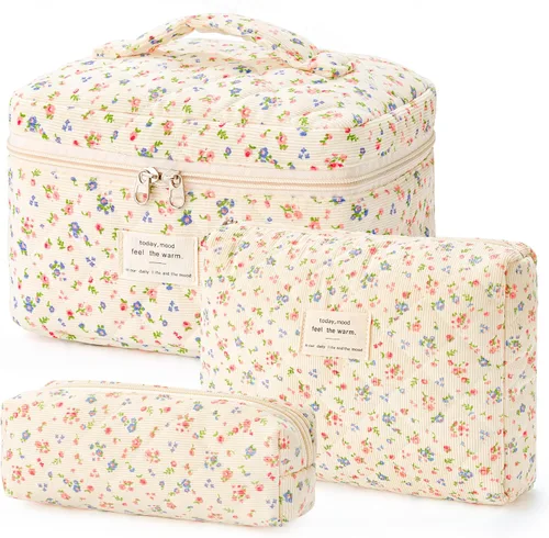 Vista 20 de HBselect Bolsa de Maquillaje Acolchada, 3 Piezas de Gran Bolsa de Maquillaje de Viaje de Algodón, Linda Bolsa de Maquillaje Floral Coquette, Bolsa