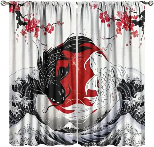 Vista 34 de Cortinas de cerezo, paisaje japonés, árbol de cerezo natural, primavera, dormitorio, sala de estar, ventana, 2 juegos de paneles, 42 x 45 pulgadas