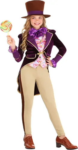 Vista 2 de Disfraz de inventor de caramelos para niñas, disfraz de Halloween de propietario de fábrica de chocolate morado y marrón