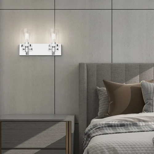 Vista 7 de Aipsun Accesorios de iluminación de tocador de baño, luz cromada, 2 luces, luz de baño de acero inoxidable con pantalla de vidrio transparente