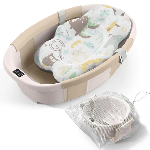 Vista 11 de Bañera Plegable para Bebé - Bañera Grande para Bebé con Termómetro y Cojín Bañera Portátil de Viaje para Recién Nacidos e Infantes Bañera Azul