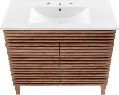 Vista 7 de Modway Render - Tocador de baño de 36 pulgadas en blanco nogal Nogal / fregadero blanco