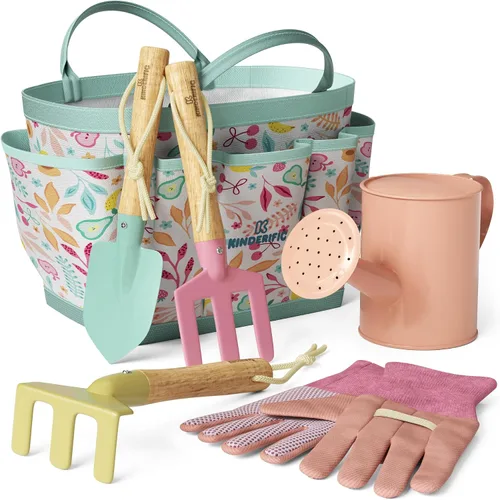 Vista 11 de Kinderific Juego de herramientas de jardinería, para niños, STEM, incluye bolsa de mano, pala, regadera, rastrillo, tenedor, paleta y guantes