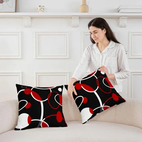 Vista 3 de Juego de 4 fundas de almohada geométricas de 20 x 20 pulgadas, fundas de almohada modernas de color rojo, blanco y negro para cama, sofá, fundas