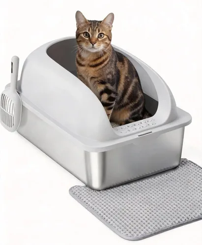 Vista 10 de Simple Deluxe Caja de arena XL para gatos de acero inoxidable con tapa, bandeja de arena de metal de alta cara para gatos grandes, a prueba