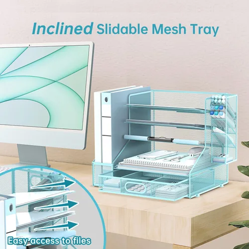 Vista 4 de SUPEASY Organizador de escritorio con soporte para archivos, organizador de bandeja de papel de malla de 5 niveles con soporte para bolígrafo y Azul