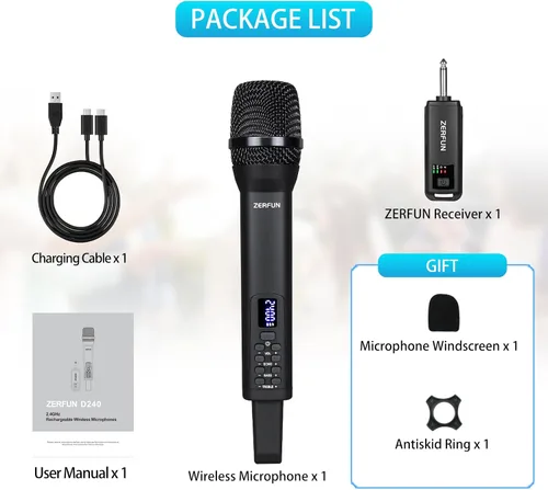 Vista 7 de Micrófono inalámbrico recargable, sistema de micrófono inalámbrico de mano profesional con control Echo Treble BASS VOL para karaoke, canto, Negro