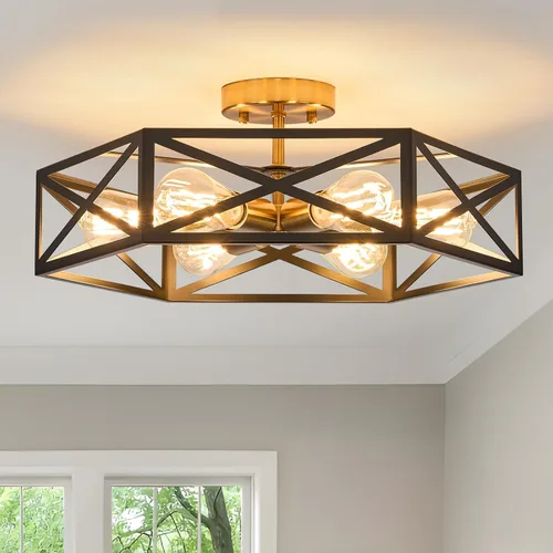 Vista 10 de Lámpara de Techo Moderna de Granja Negra y Dorada, Lámpara de Techo Industrial Semiempotrada, Accesorios de Iluminación Hexagonal para Pasillo