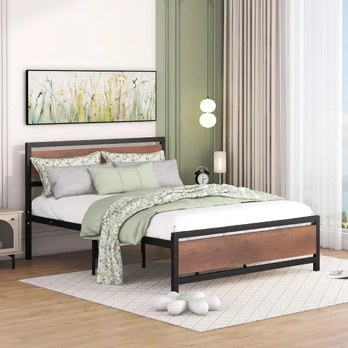 Vista 3 de Base de cama de plataforma tamaño Queen con cabecera de madera rústica vintage, marco de cama resistente con almacenamiento, no necesita somier