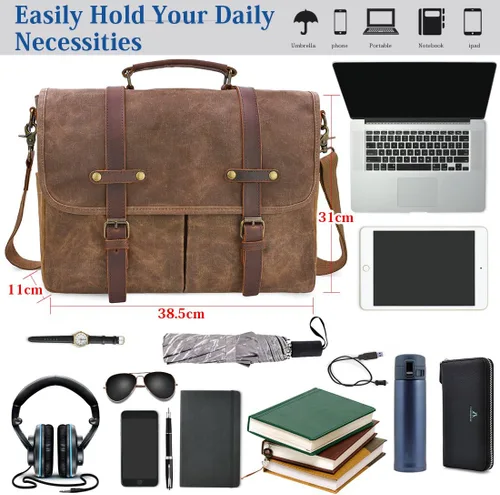 Vista 3 de Bolso mensajero para hombre de 15.6 pulgadas, impermeable, de cuero auténtico, encerado, maletín de lona grande, bolso de hombro de cuero resistente