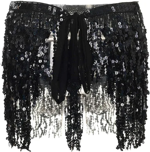 Vista 8 de Minifalda bohemia con borlas de lentejuelas para mujer, para festivales de música, fiesta, club, cadera, bufanda, cinturón, falda envolvente