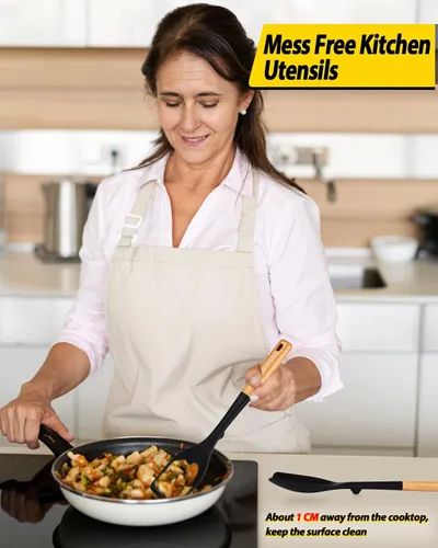 Vista 4 de Juego de 4 utensilios de cocina de silicona, espátulas sólidas antiadherentes y cucharas ranuradas resistentes al calor con mango de madera