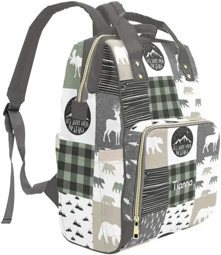 Vista 3 de XOZOTY Antler Woodland - Bolsas de pañales a cuadros con nombre impermeable para mamá, mochila de lactancia, bolsas de bebé, regalos para mujeres