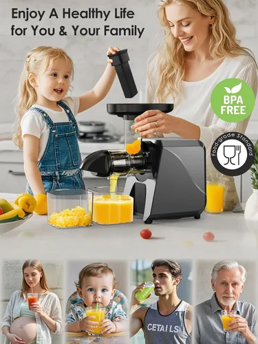 Vista 7 de Exprimidor de prensa en frío para naranja de apio, zanahoria, frutas y verduras, 250 W, máquina exprimidora lenta sin BPA, función inversa, fácil