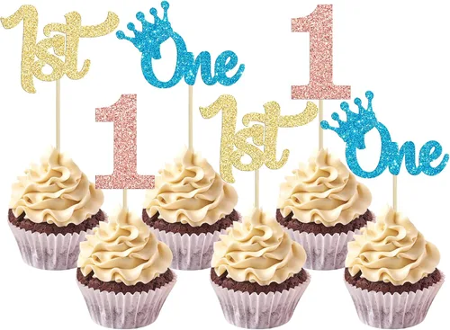 Vista 15 de 24 adornos para cupcakes de primer cumpleaños con purpurina para decoración de pastel de primer cumpleaños, selecciones de cupcakes para niños, baby