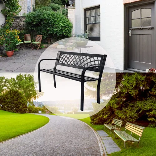 Vista 8 de Banco de jardín al aire libre con respaldo de plástico para patio, banco de metal, banco de parque o patio, porche, espacio libre de trabajo, entrada