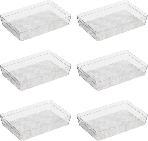 Vista 8 de Oggi Organizador de cajones transparente, 3 x 9.5 pulgadas (juego de 6), ideal para organizar cajones de cocina, oficina, escritorio, cubiertos