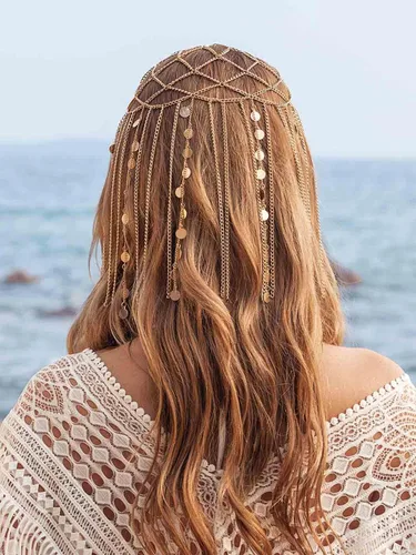 Vista 3 de Yean Diadema de lentejuelas doradas para adultos, joyería bohemia para el cabello, borla para festival, disfraz para mujeres y niñas