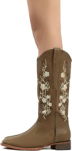 Vista 5 de SO SIMPOK Botas vaqueras bordadas con flores para mujer, botas vaqueras retro, botas occidentales, botas de media pantorrilla