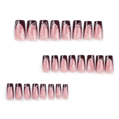 Vista 3 de 24 unidades de uñas postizas largas estilo ataúd CEWEWP con punta francesa marrón, uñas falsas rosas con pegamento, uñas falsas con diseños