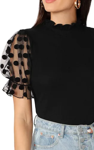 Vista 4 de OYOANGLE Blusa casual de verano de manga corta con encaje y cuello alto falso para mujer