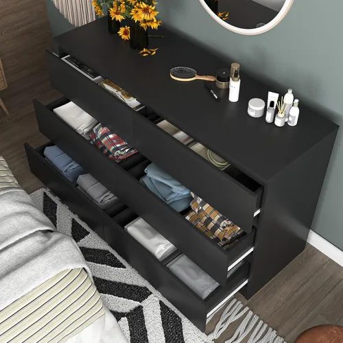 Vista 8 de Cómoda negra para dormitorio, cómoda moderna de 6 cajones con cajón profundo, amplia cómoda de almacenamiento, organizador de muebles