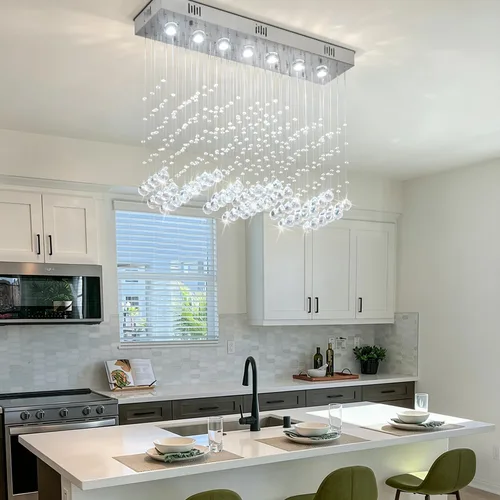 Vista 4 de Candelabro de cristal moderno de 7 luces rectangular de lujo con ondas, lámpara de techo empotrada colgante con gotas de lluvia cromada para isla