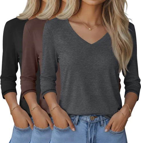 Vista 29 de Ficerd Paquete de 3 camisetas de manga 3/4 para mujer, cuello en V, blusas holgadas, blusas casuales, ropa de moda 2026