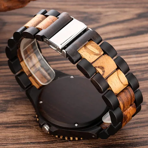 Vista 5 de Reloj de cuarzo de madera con cebra de ébano marrón y negro para hombre, cierre plegable, correa de madera, números arábigos, visualización
