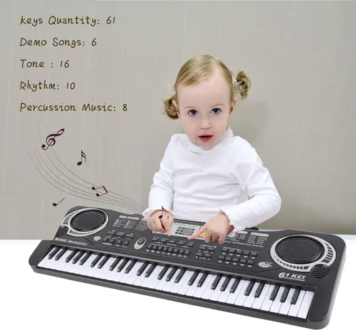 Vista 4 de Piano de teclado electrónico, piano digital eléctrico portátil de 61 teclas con micrófono, cable USB, cargador de enchufe de EE. UU., teclado