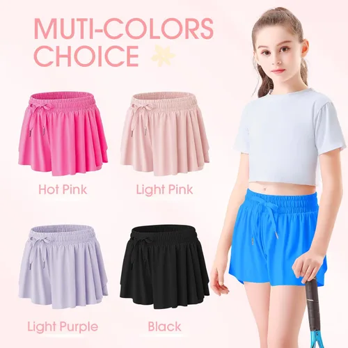Vista 4 de QooNoo Girls Butterfly Shorts with Pocket Flowy Athletic Shorts High Waist Preppy Running Shorts for Kids Teen