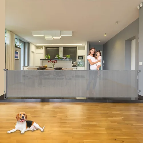 Vista 15 de Puertas retráctiles para bebés para puertas, puerta retráctil para perros de 55 pulgadas de ancho para escaleras, puertas de malla para perros