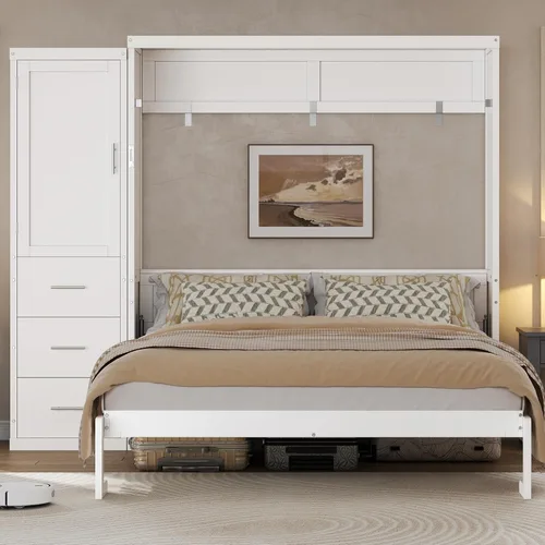 Vista 13 de Cama Murphy de tamaño matrimonial con armario de almacenamiento, ropa y 3 Blanco