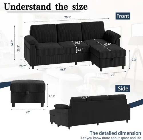 Vista 5 de Sofá modular para sala de estar, sofás seccionales de 79 pulgadas con otomana, sofá en forma de L con reposabrazos bolsillo lateral de Gris
