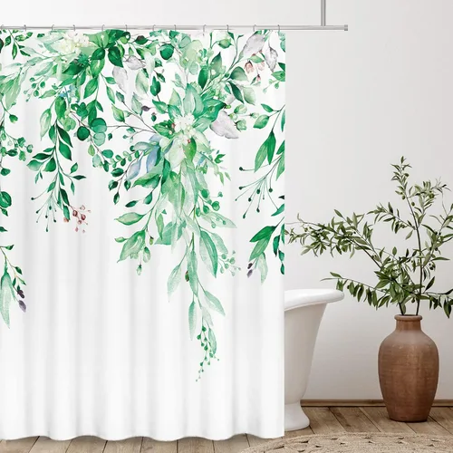 Vista 106 de Tititex - Juego de cortinas de ducha de eucalipto negro, hojas de acuarela gris en la parte superior, con decoración floral de baño, 60 x 72