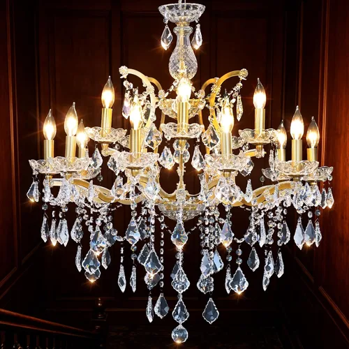 Vista 16 de Candelabros de cristal de bronce antiguo de lujo con lámpara colgante de vela, lámpara de techo de 6 luces de cristal dorado para comedor, sala