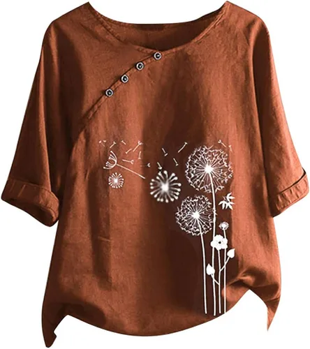 Vista 4 de DASAYO Blusas casuales de algodón y lino para mujer, con manga de codo, cuello redondo, blusas casuales, de gasa, a la moda, para salir
