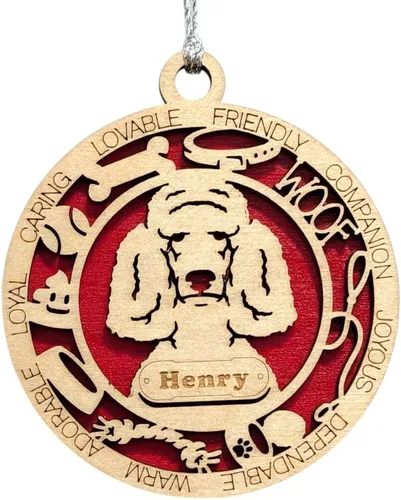 Vista 126 de Adorno de Navidad personalizado para perro Cavalier King Charles Spaniel, redondo de 3 pulgadas, madera cortada con láser de 2 capas, nombre y texto
