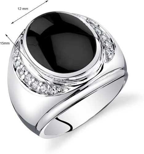 Vista 3 de Peora Anillo de sello de ónix negro genuino para hombre, plata de ley 925, grande, 0.591 x 0.472in, forma ovalada, tamaños 8 a 13, Metal precioso