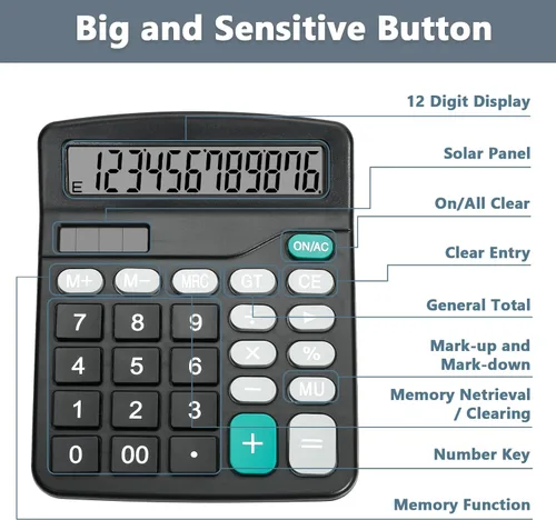 Vista 6 de Bonita calculadora de escritorio negra con botones grandes, fuente de alimentación doble, energía solar y batería, pantalla LCD grande, paquete de 2