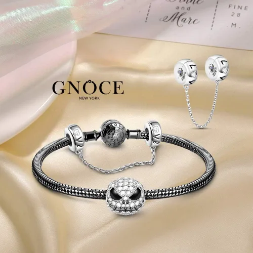 Vista 2 de GNOCE Pulsera de plata de ley 925 con colgante de calavera y cadena de seguridad con cierre (7.9)