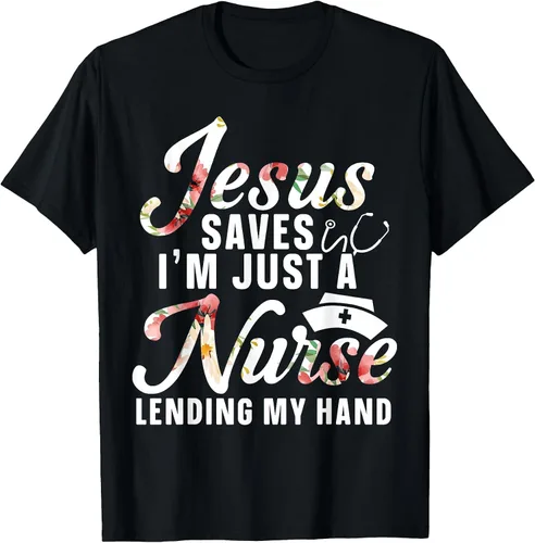 Vista 14 de Jesus Saves I'm Just A Nurse Lending My Hand RN Christian T-Shirt Asphalt Grey