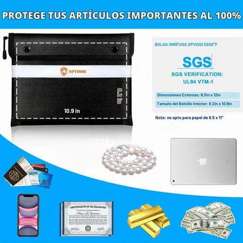 Vista 6 de Bolsa de Documentos Ignífuga Mejorada de 5200°F - Bolsa Ignífuga con Cremallera, Aislada Térmica, Tira Reflectante para Encontrar Rápidamente Negro