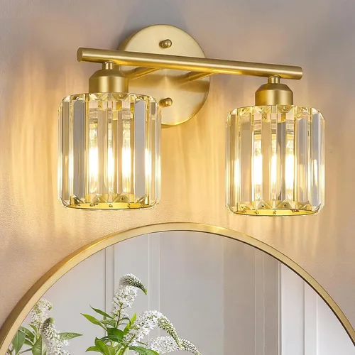 Vista 18 de Moderna lámpara de tocador de cristal de 2 luces, lámpara vertical de baño de níquel cepillado sobre espejo para tocador y lavabo, compatible