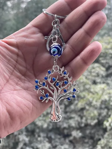 Vista 2 de Colgante con forma de árbol con ojo malvado azul, llavero de aleación de cristal para hombres y mujeres (paquete de 1), Azul