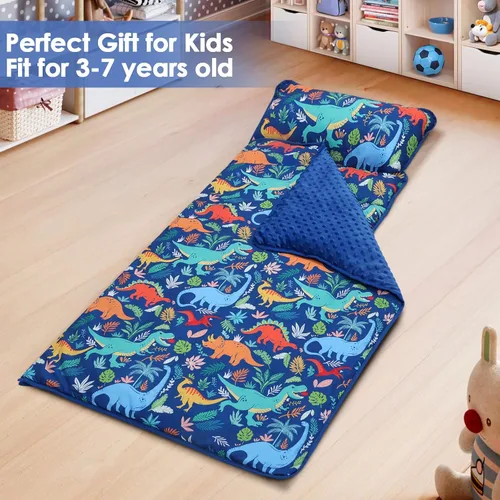 Vista 6 de Colchoneta portátil para siesta para niños con almohada extraíble y manta para niñas y niños, saco de dormir ligero extra grande para preescolar