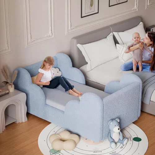 Vista 6 de Cama Montessori tapizada con rieles extraíbles Azul bebé