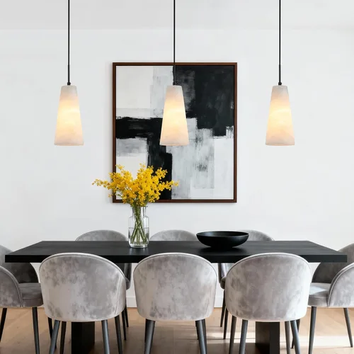 Vista 6 de Luces colgantes de alabastro natural, isla de cocina, pantalla cónica de mármol blanco, modernas lámparas de techo negras para mesa de comedor, sala