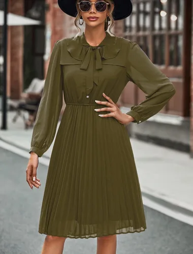 Vista 6 de HAOKEKE Vestidos de trabajo para mujer 2023 de manga larga de gasa negro vestido retro plisado botones abajo corbata lazo suelto vestidos casuales
